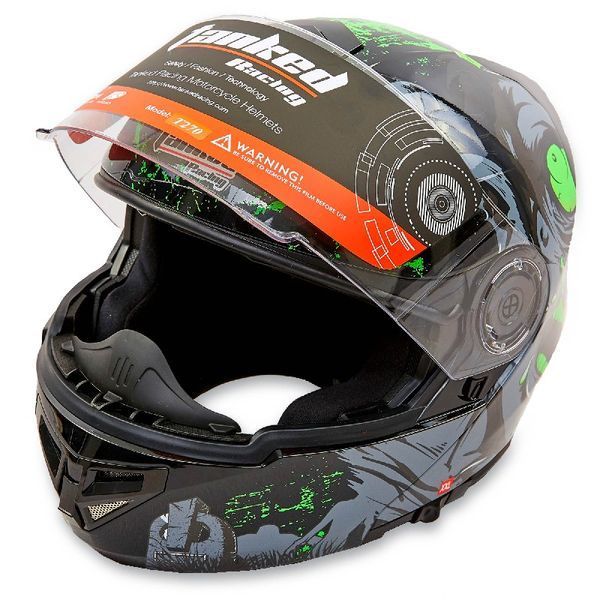 Мотошолом модуляр (flip-up) Tanked Racing Зомбі T270 XXL чорний-салатовий